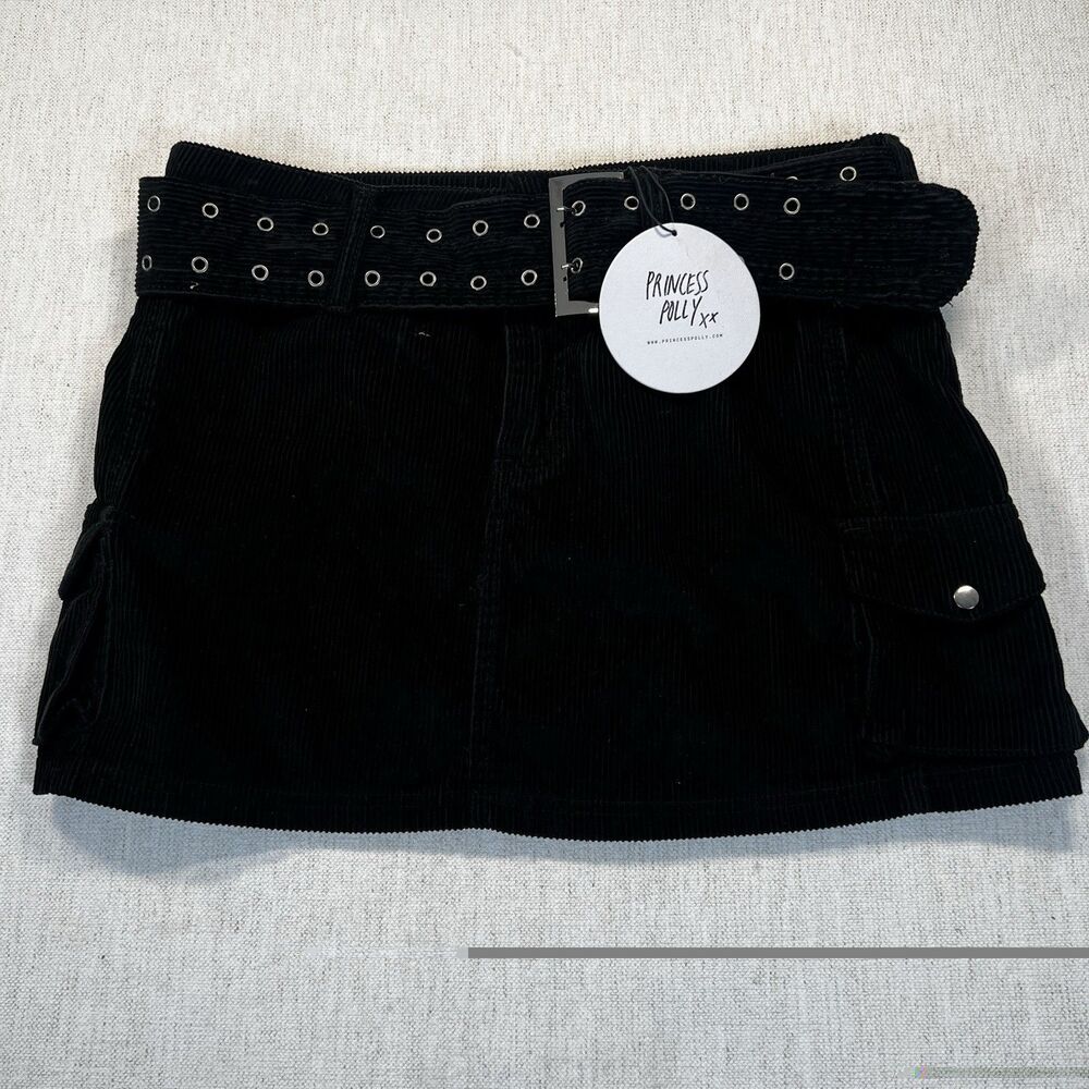 NWT Princess Polly Black Corduroy Mini Skirt Y2K Cargo Pocket Women's 10